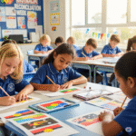 Siswa SD di Australia menggambar bendera budaya untuk Reconciliation Week