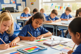 Siswa SD di Australia menggambar bendera budaya untuk Reconciliation Week