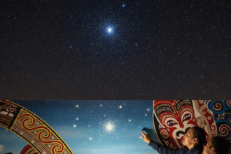 Anak-anak membuat karya seni bertema bintang Matariki di ruang kelas