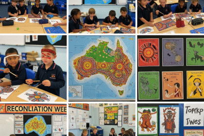 Ilustrasi Anak-anak sekolah dasar membuat karya seni untuk memperingati Reconciliation Week