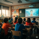 anak-anak sd sedang menonton film edukasi pendek di kelas