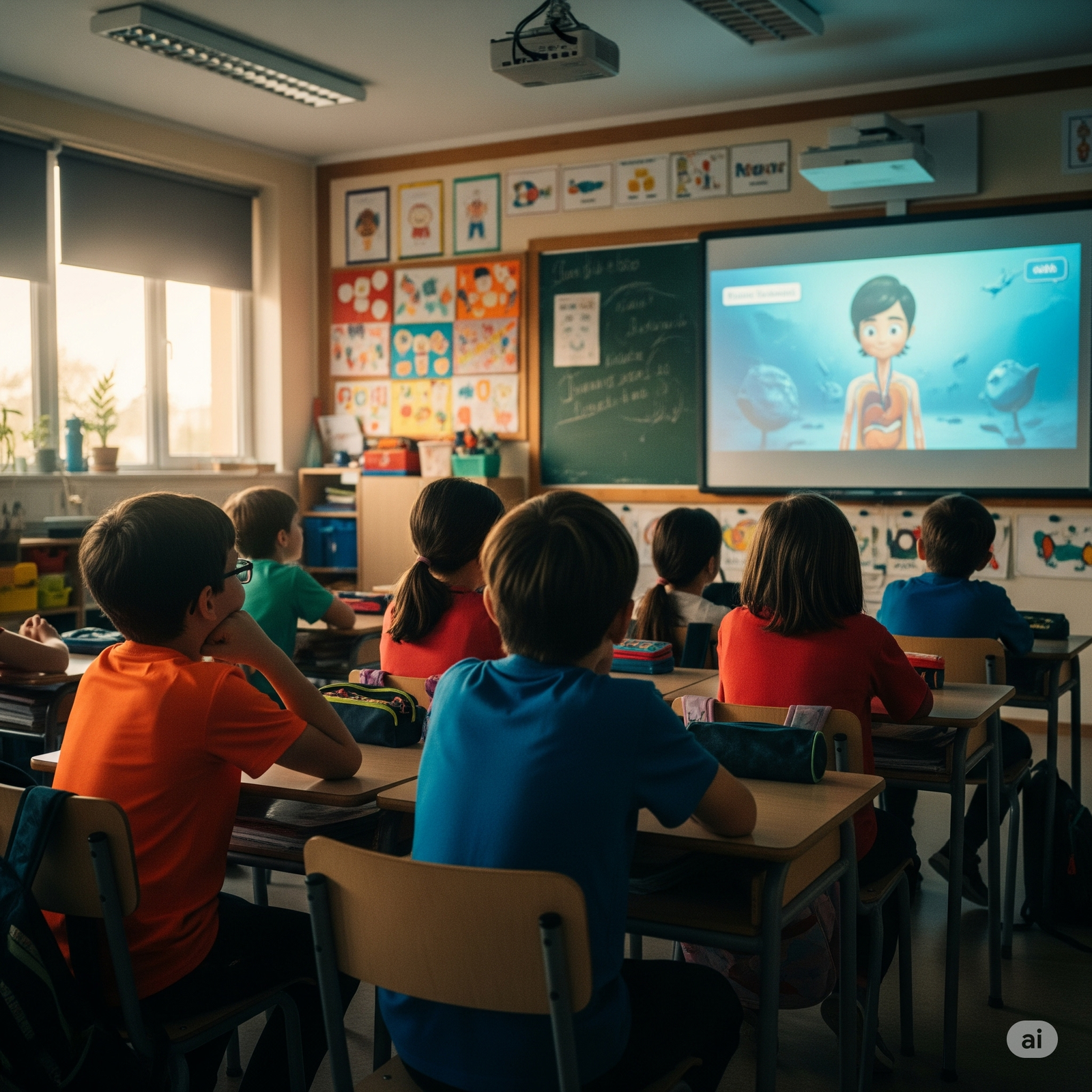 anak-anak sd sedang menonton film edukasi pendek di kelas