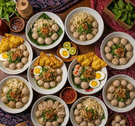 Beragam bakso khas Garut disajikan di meja, menampilkan kekayaan kuliner daera