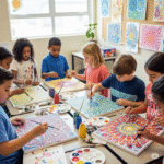 Anak SD sedang membuat dot painting dengan cat warna-warni di atas kanvas