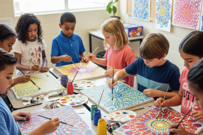 Anak SD sedang membuat dot painting dengan cat warna-warni di atas kanvas