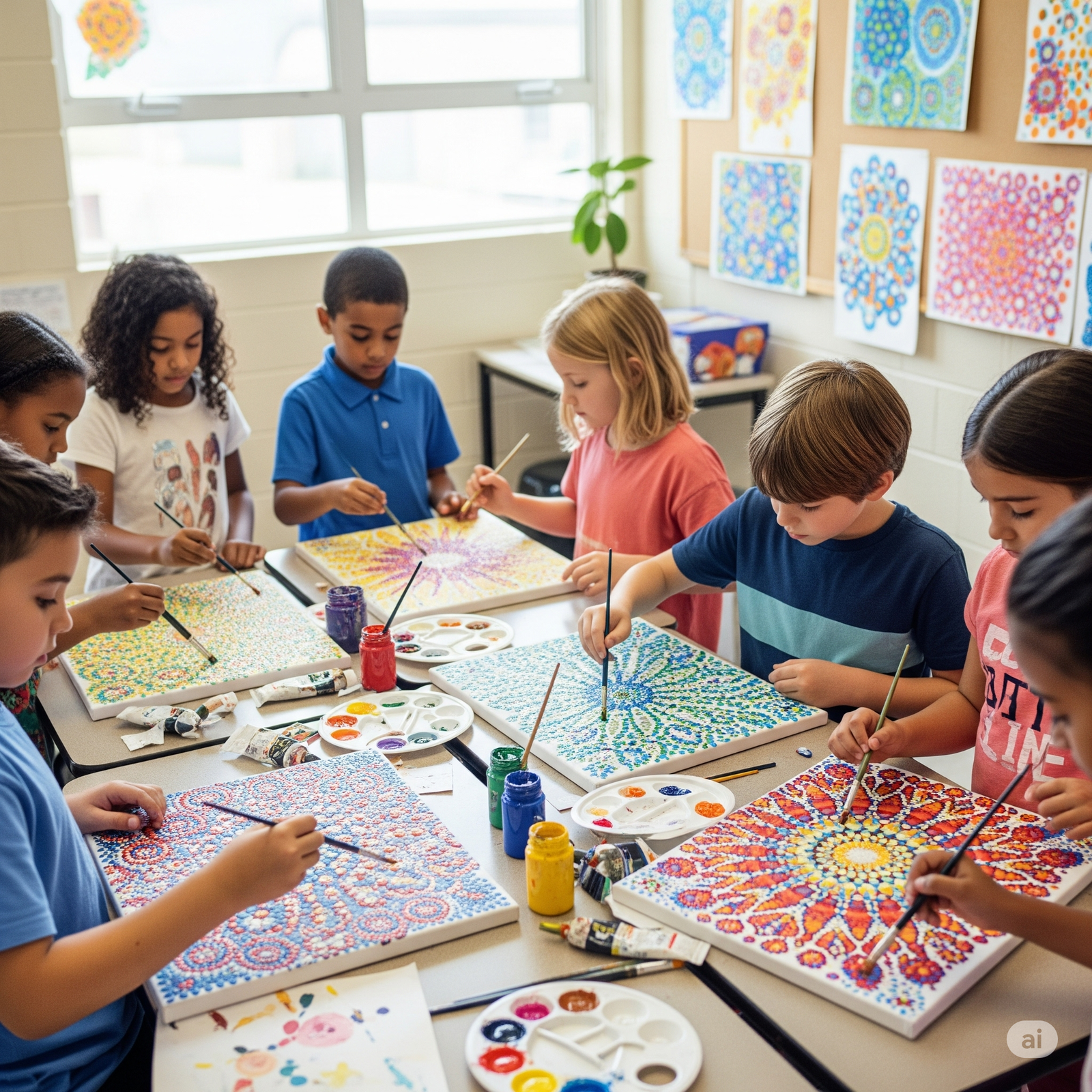 Anak SD sedang membuat dot painting dengan cat warna-warni di atas kanvas