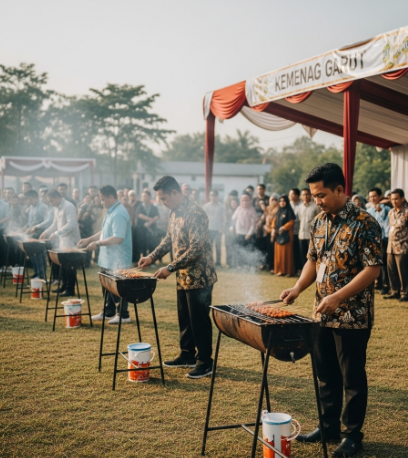 Meriah dan Penuh Makna: Perayaan Idul Adha Kemenag Garut Angkat Nilai Toleransi dan Edukasi 2 Pegawai Kemenag Garut mengikuti lomba bakar sate saat perayaan Idul Adha