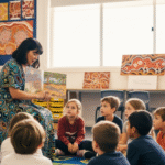 guru sedang membacakan cerita rakyat Aborigin di depan murid sekolah dasar