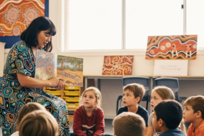 guru sedang membacakan cerita rakyat Aborigin di depan murid sekolah dasar