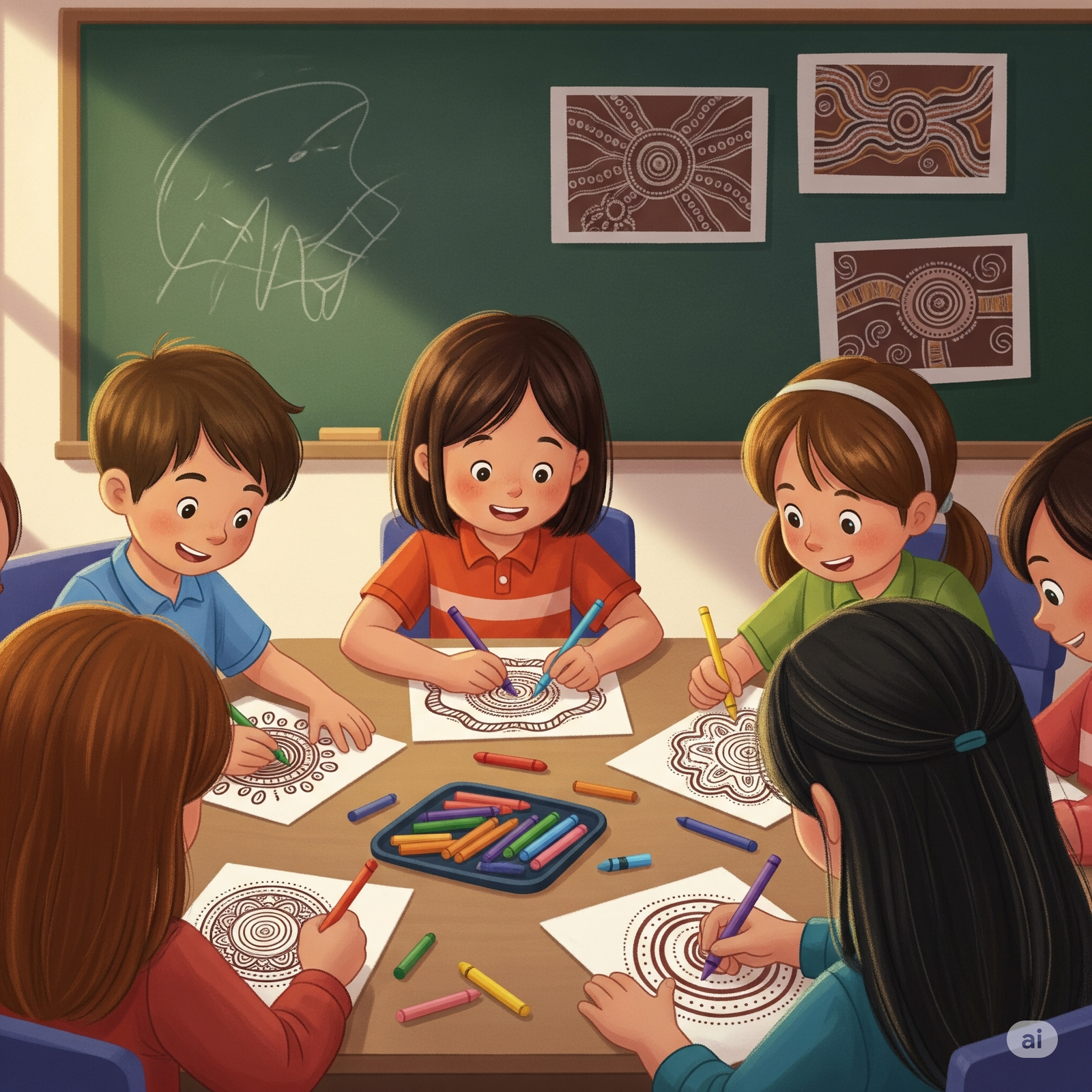 Anak sekolah dasar sedang menggambar simbol budaya Aborigin dengan krayon