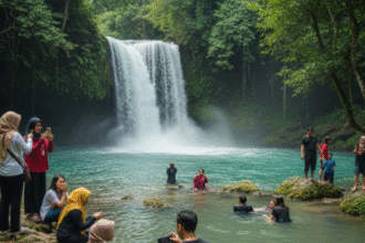 Pengunjung menikmati suasana Curug Tiluan di Garut saat akhir pekan panjang