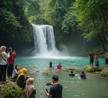 Pengunjung menikmati suasana Curug Tiluan di Garut saat akhir pekan panjang