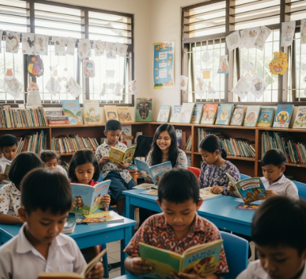Siswa SDN Sukarela 105 membaca buku di pojok baca kelas