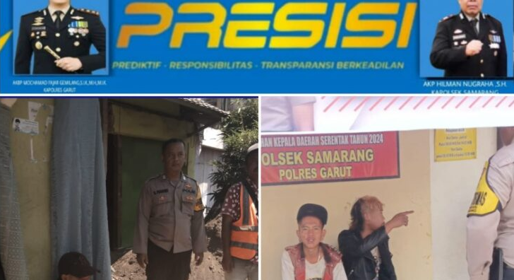 Anggota Polsek Samarang Polres Garut berpatroli di jalan raya, berinteraksi dengan warga, dan memeriksa area parkir untuk mencegah premanisme dan pungli di Kecamatan Samarang, Garut.