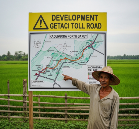 Tanah Hilang Demi Tol: 17 Desa Garut Utara Terancam, Warga Belum Tahu Nasibnya 2 Petani Garut tunjuk peta Tol Getaci, lahan subur terancam!