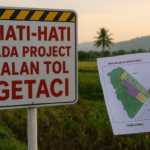 Papan peringatan proyek Tol Getaci di Desa Kadungora, Garut Utara