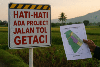 Papan peringatan proyek Tol Getaci di Desa Kadungora, Garut Utara