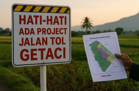 Papan peringatan proyek Tol Getaci di Desa Kadungora, Garut Utara