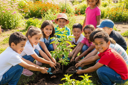 anak-anak sd sedang menanam pohon kecil di taman sekolah